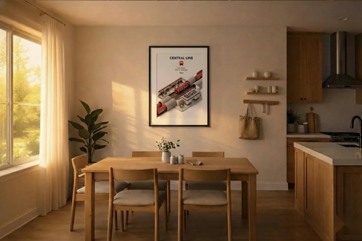 A PRTL frame on a kitchen wall at 7:00 AM, showing the morning calendar and weather.